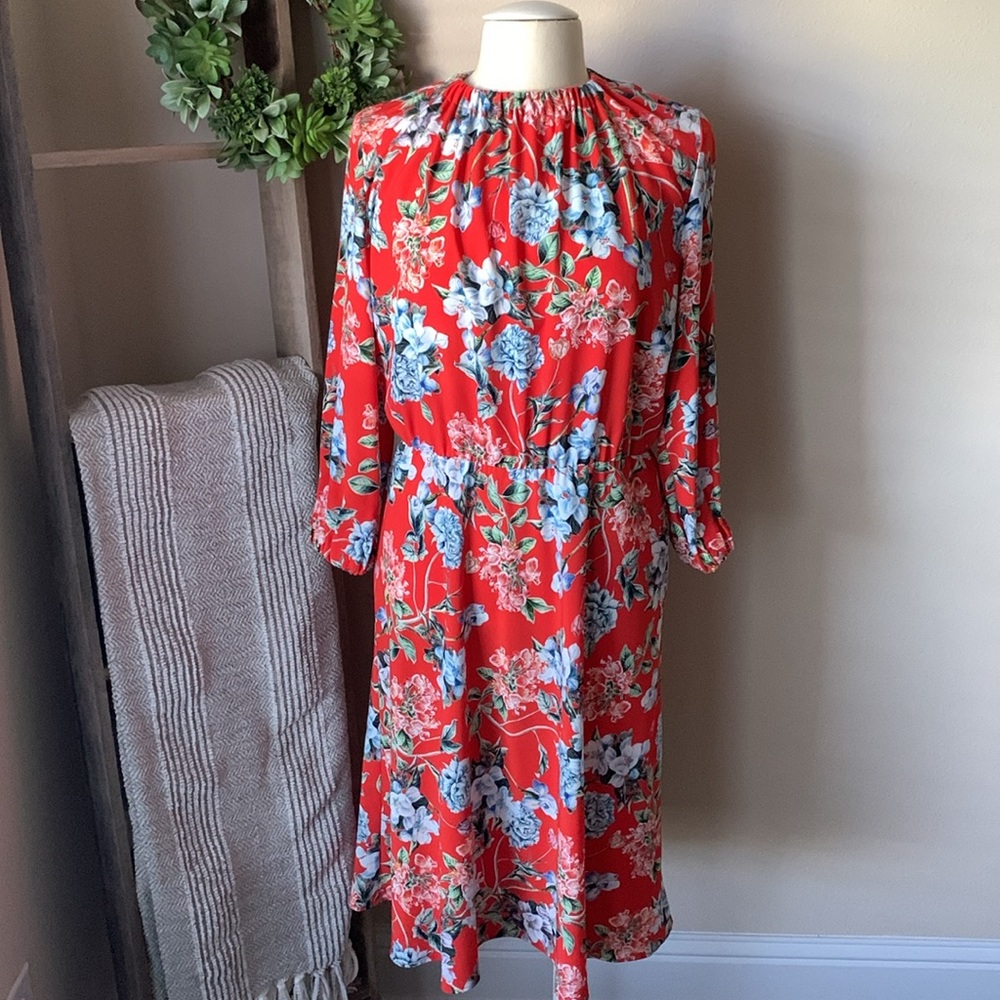 H&M knee length floral dress | red & blue
